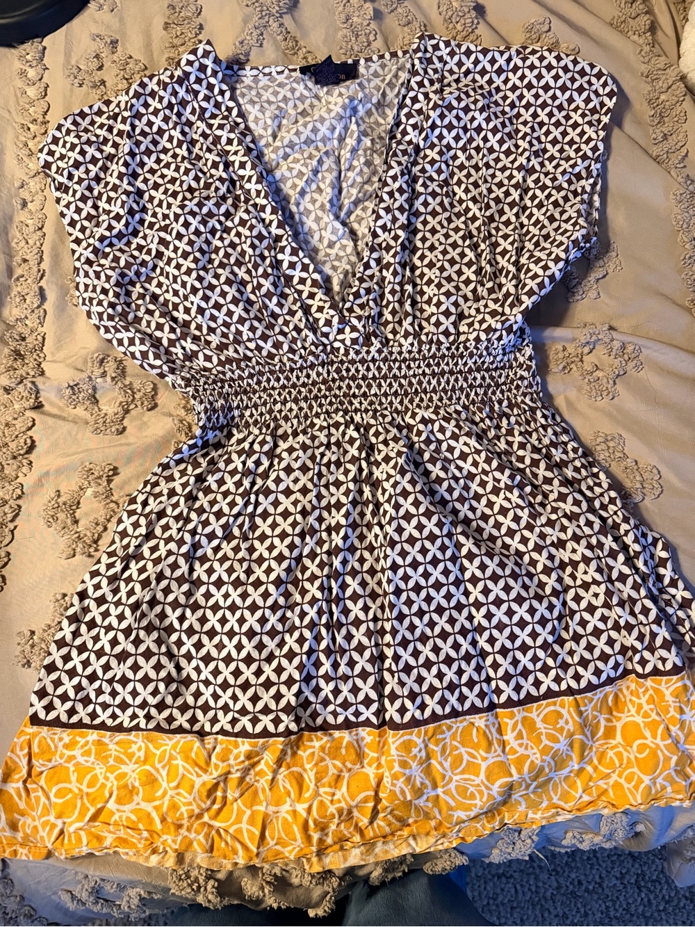 Women’s Brown & White Geometric Smocked Waist top with Yellow Hem and side slits